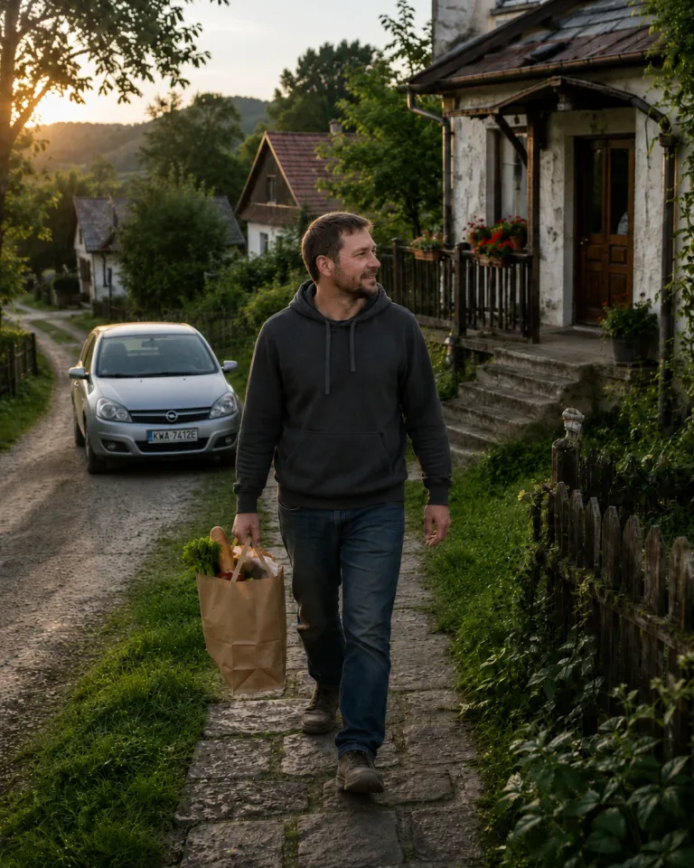 Kierowca DOWIEŚ dostarcza zakupy w mniejszej miejscowości
